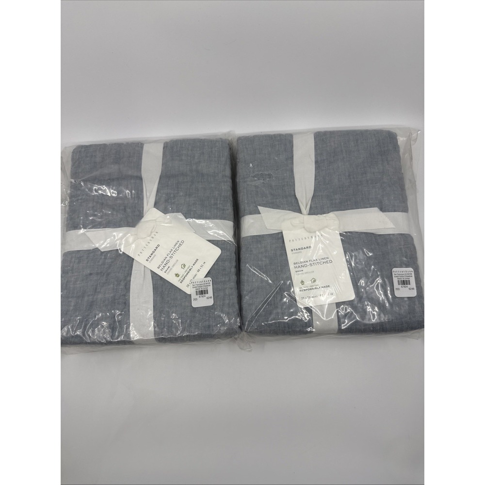 Pottery Barn Chambray Standard Quilted Belgian Flax Linen Set Of 2 Shams New